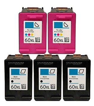 Remanufactured Hewlett Packard (HP) HP 60XL 5-Set High Yield Ink Cartridges: 3 Black and 2 Color