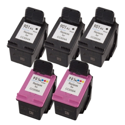 Remanufactured Hewlett Packard (HP) HP 901XL 5-Set High Yield Ink Cartridges: 3 Black and 2 Color