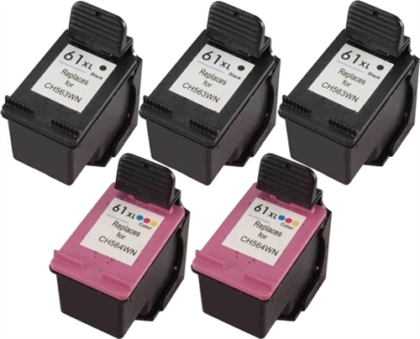 Remanufactured Hewlett Packard (HP) HP 61XL 5-Set High Yield Ink Cartridges: 3 Black and 2 Color