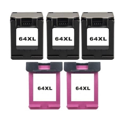 Remanufactured Set of 5 – HP 64XL Ink Cartridges – 3 Black & 2 Color