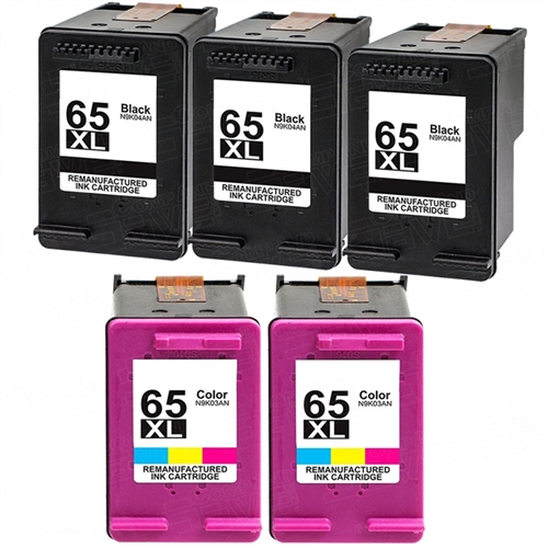 Remanufactured Hewlett Packard (HP) HP 65XL 5-Set High Yield Ink Cartridges: 3 Black and 2 Color