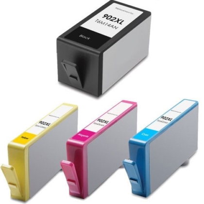 Compatible Replacement 4-Set High Yield Ink Cartridges for HP 902XL: 1 each of Black / Cyan / Magenta / Yellow