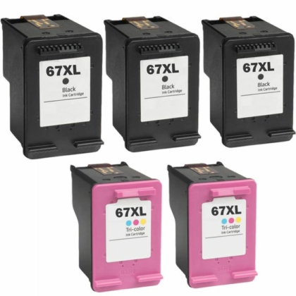 Set of 5 Remanufactured HP 67XL Ink Cartridges: 3 Each of 67XL HY Black and 2 Tri-Color
