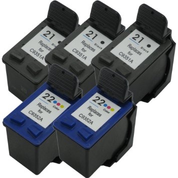 Remanufactured Replacement Set of 5 – 3 Black & 2 Color Ink Cartridges for HP 21XL and HP 22XL