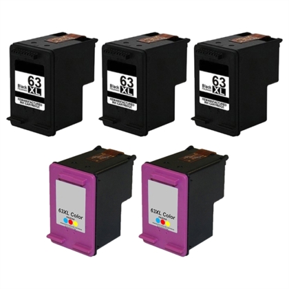 Remanufactured HP 63XL 5-Set High Yield Ink Cartridges: 3 Black and 2 Color